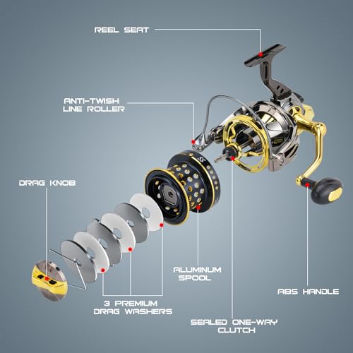 Sougayilang Spinning Reels 10000 Series Surf Fishing Reels, Ultra Smooth Powerful with CNC Aluminum Spool, Inshore & Offsh...