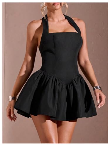 SOLY HUX Women's Mini Dress Halter Sleeveless Backless A Line Ruffle Hem Summer Dresses