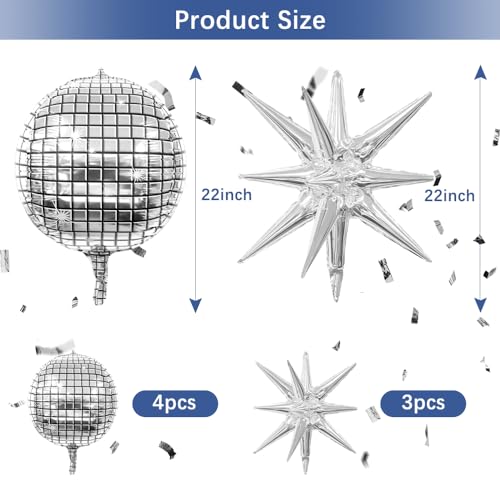 7PCS Silver 4D Foil Disco Balloons with Star Balloons for 70s Disco, Graduation, Birthday & Bridal Shower Decorations - 22...