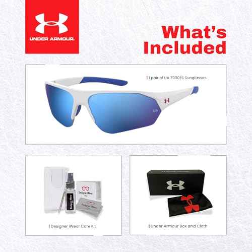 Under Armour Instinct UA7000 69MM Wrap Around Sunglasses for Youth (For girls For boys) +BUNDLE with ACCESSORY EYEWEAR KIT (Matte White/Blue Wrap, 59)