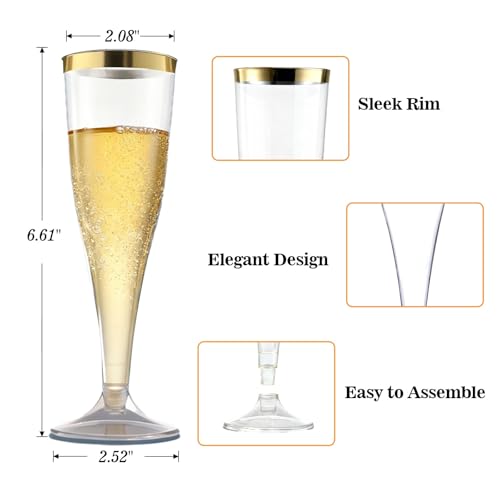 Bestluck 100 Pack Champagne Flutes Plastic with Gold Rim, 4.5 oz Clear Plastic Disposable Stemware, Disposable Champagne F...