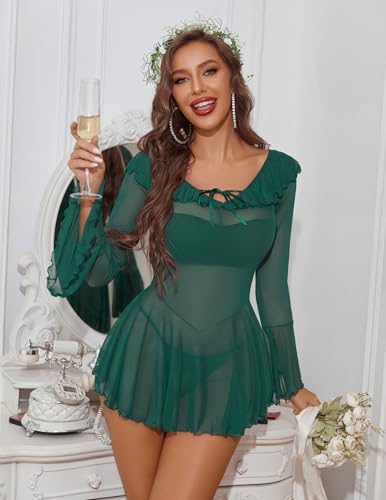Avidlove Sexy Lingerie Babydoll Rave Ruffle Dress Off Shoulder Long Sleeve Nightgowns Outfits For Women S-XXL