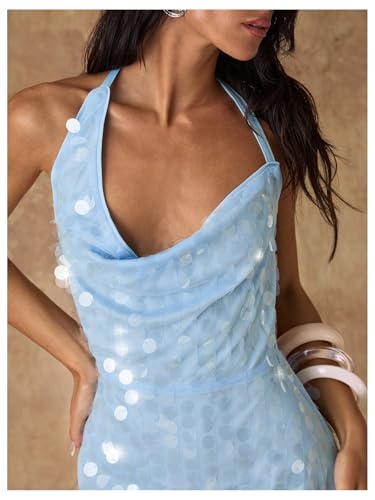 SOLY HUX Women's Sequin Sparkly Halter Mini Dress Cowl Neck Draped Backless Sleeveless A Line Party Summer Dresses