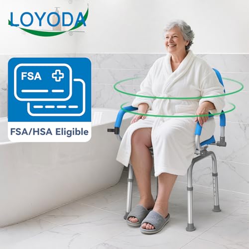 Loyoda FSA/HSA Eligible Swivel Shower Chair with Arms and Back, Padded Shower Bench with Pivoting Arms, Height Adjustable ...