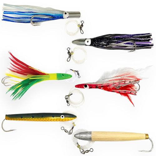 Cedar Plug Tuna Feather Trolling Lure Combo, 6 Pcs Set with Bullet Jet, Flat Jet, Tuna Clone & 6-Pocket Lure Bag for Saltw...