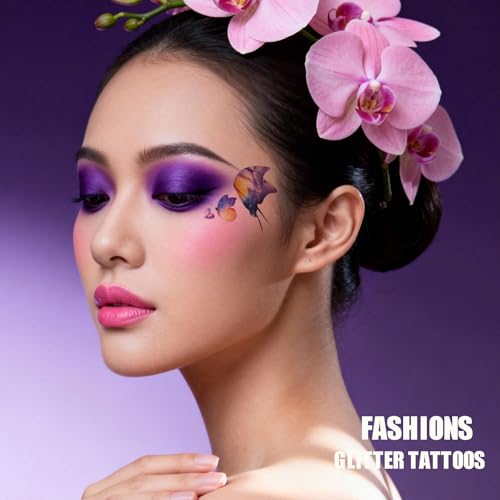 14 Sheets Glitter Butterfly Temporary Tattoos Sticker for Women Girls Eye Face Makeup Decoration, Flash Fairy Body Art Shi...