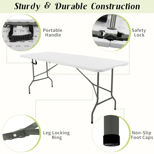 Fivenl 2 Pack 6 FT Folding Tables White Foldable Table, Fold-in-Half with Carrying Handle Portable Plastic Rectangular Tab...