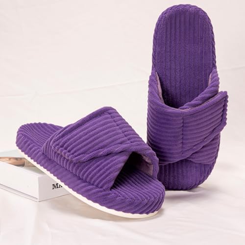 Women's House Slippers Cozy Adjustable Open Toe Memory Foam Corduroy Non-slip Bedroom Shoes for Indoor Outdoor