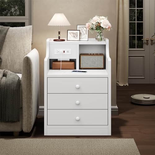 Tiptiper Nightstand with Charging Station, Night Stand with 3 Storage Drawers, Bedside Table with Hutch, Modern End Side Table for Bedroom,White