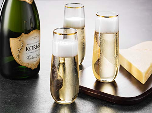 Munfix 48 Pack Stemless Plastic Champagne Flutes Disposable 9 Oz Gold Rim Clear Plastic Toasting Glasses Shatterproof Recy...