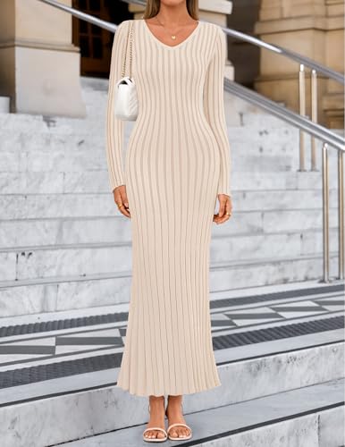 ZESICA Women's 2026 Spring Sweater Dress Long Sleeve V Neck Ribbed Knit Party Cocktail Bodycon Maxi Dresses