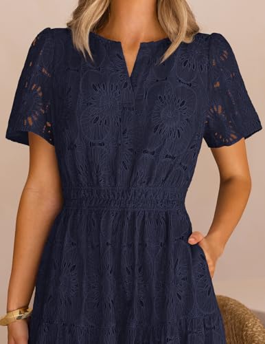 MEROKEETY Women's Spring Summer Floral Maxi Dress 2026 Boho Eyelet Hollow Out Lace Short Sleeve A Line Tiered Flowy Dresses