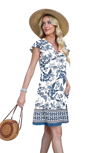 OFEEFAN Spring Summer Dresses for Women 2026 Casual Ruffle Sleeve V Neck Loose Swing Sundresses with Pockets Plain/Print