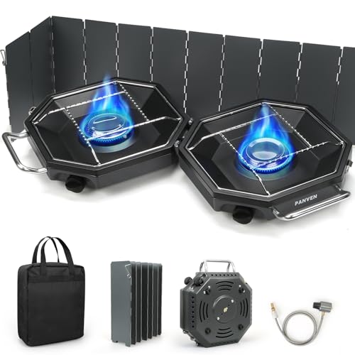 Camping Stove Propane, 2 Burner Camp Stove, 20,000 BTU Propane Camping Stoves, Portable Gas Stove with Windscreen, Storage...