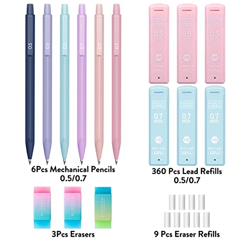 Four Candies Cute Mechanical Pencil Set, 6PCS Pastel Mechanical Pencils 0.5 & 0.7mm with 360PCS HB Leads, 3PCS Erasers and...