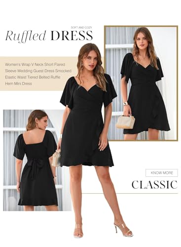 Dokotoo Women's Wrap V Neck Short Flared Sleeve Wedding Guest Dress Smocked Elastic Waist Tiered Belted Ruffle Hem Mini Dress