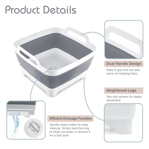 2.4 Gal(9L) Collapsible Dish Basin with Drain Plug, Space Saving Outdoor Multiuse Foldable Sink Tub, Dishpan, Kitchen Stor...