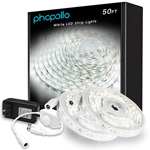 phopollo White LED Strip Lights, 50ft (2 Rolls of 25ft) Dimmable 6500k Daylight White Led Light Strip, 900 LEDs 24V Led Li...