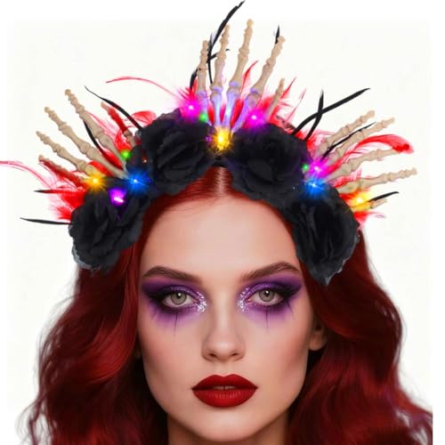 TWINKLEDE Light Up Halloween Headband Black Rose Hair Accessories Feather Skeleton Hand Halo Crown for Women