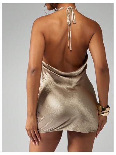SweatyRocks Women's Metallic Backless Halter Dress Sleeveless Bodycon Club Party Mini Dresses