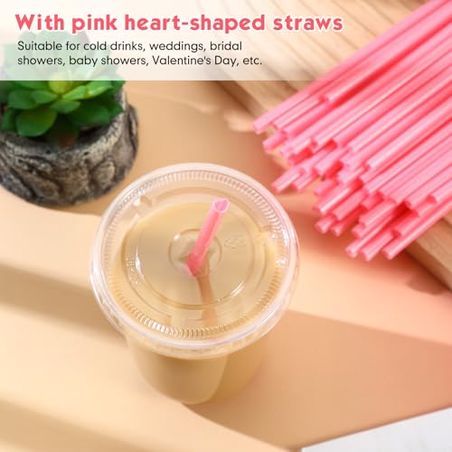 Ziliny 50 Sets Clear Plastic Cups with Heart Shaped Pink Straws and Lids, Disposable Iced Coffee Cups Drinking Pet for Col...