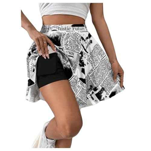 WDIRARA Women's Newspaper Graphic Print Skorts High Waist Flowy Athletic Skirts with Shorts Underneath