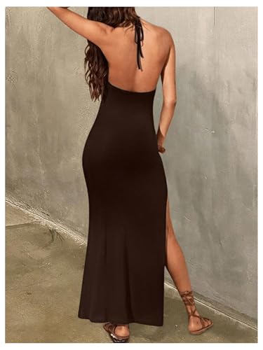 SOLY HUX Women's Halter Maxi Dress Sexy Deep V Neck High Split Backless Sleeveless Bodycon Cocktail Party Long Dresses