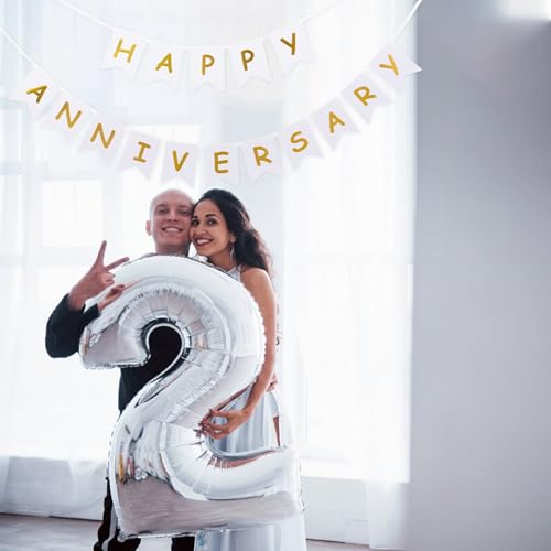 PANRRPERS White Happy Anniversary Banner, Party Supplies for Wedding Birthday Party Ceremony Decoration
