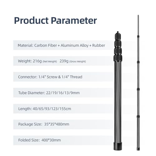 Andoer Handheld Microphone Boom Arm 5-Section Extendable Mic Arm Carbon Fiber Boom Pole for Microphones 1/4 Inch Screw & T...