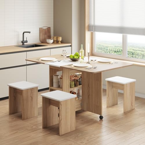 Mondeer Folding Dining Table Set for 4, Drop Leaf Table with 4 Chairs for Small Spaces, Dining Room Table Set with Storage...