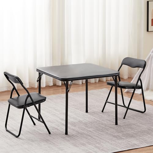 VECELO Kids Folding Activity Table and Chairs 3 Piece Set, Portable, with Ultra Soft Padded Cushion, Solid Black