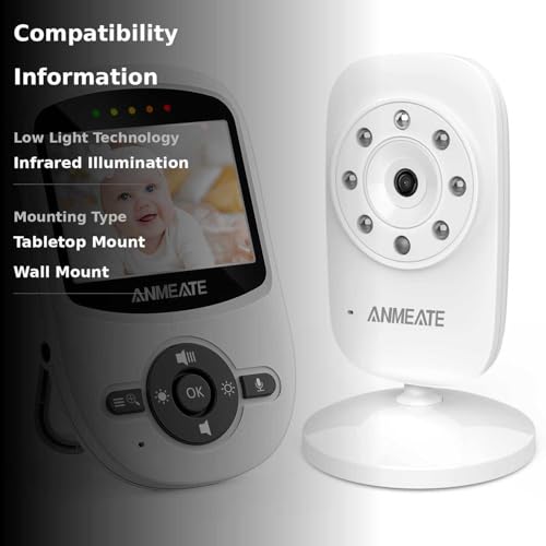 ANMEATE Video Baby Monitor with Digital Camera, Digital 2.4Ghz Wireless Video Monitor with Temperature Monitor, 960ft Transmission Range, 2-Way Talk, Night Vision, High Capacity Battery（1 Camera）