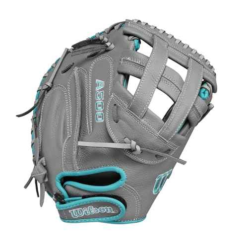 Wilson 2024 A500¢â Siren¢â 32¡± Youth Fastpitch Softball Catcher¡¯s Mitt - Right Hand Throw, Grey/Teal/White