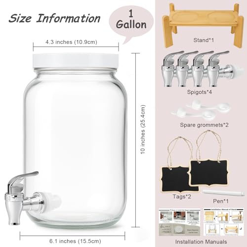 1 Gallon Large Glass Drink Dispensers with Stand for Parties, Glass Iced Beverage Dispensers with Spigot, Reusable Water D...