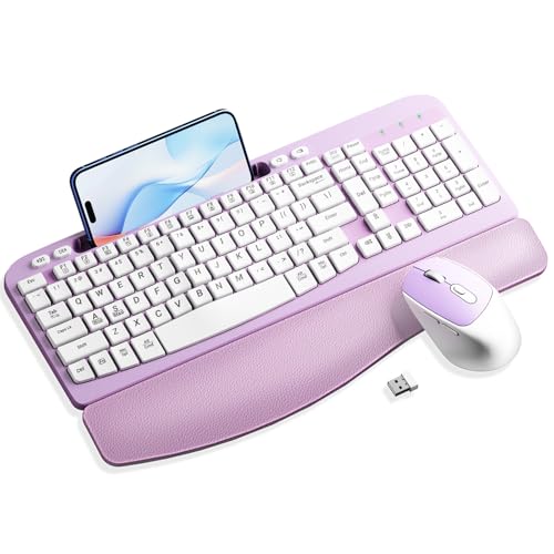 Wireless Keyboard and Mouse Combo, Wave Keys Computer Ergonomic Keyboard with Cushioned Plam Rest, Phone Holder, 2.4GHz Si...