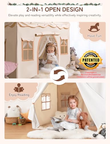 Besrey Kids Play Tent 2 in 1 with Padded Mat and Lights, Large Kids Playhouse with 2 Doors & 4 Windows, Indoor & Outdoor, ...