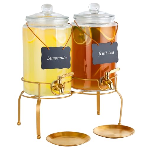 Drink Dispensers for Parties, 2 Pack 1 Gallon Beverage Dispenser with Stand, Drink Dispenser With Glass Lid, juice dispens...