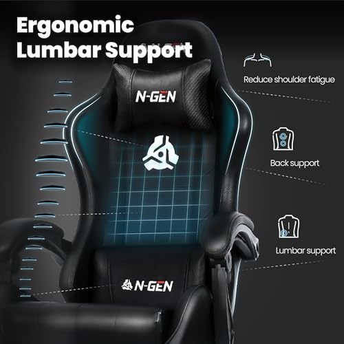 N-GEN GAMING Video Gaming Chair with Footrest Lumbar Support for Home Office High Back Recliner Height Adjustable Ergonomi...