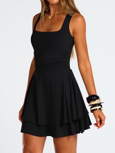 Trendy Queen Women's Square Neck Summer Party Flowy Ruffle Hem Ruched Waist Mini Dress