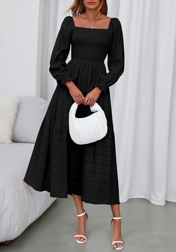 BTFBM Women Maxi Fall Dresses 2025 Long Sleeve Solid Color Square Neck Smocked Boho Long Wedding Guest Dress