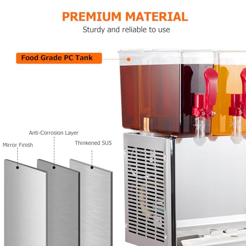 SunnyFurn Commercial 3-Tank Juice Dispenser | 10L x 3 Stainless Steel Beverage Dispenser with Thermostat Control, 320W Dri...