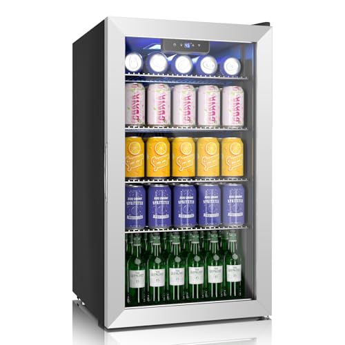 WINEBOSS 17 Inch Beverage Refrigerator and Cooler, 116 Cans Mini Beverage Fridge with Reversible Glass Door for Soda Beer ...