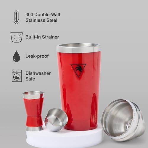 GOLD TAIL Cocktail Shaker Set 17oz – Red Stainless Steel Cobbler Shaker with Jigger, Leak-Proof & Non-Slip Base – Premium ...