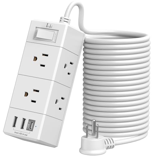 20Ft Extension Cord Flat Plug Power Strip - Tcstei 3-Side Outlet Extender with 6 AC Outlets and 3 USB Ports (1 USB C), Com...