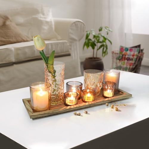 Rustic Wooden Tray with 8 Brown Glass Votive Candle Holders, Decorative Tea Light Holder Set for Mantel, Centerpiece, Dini...
