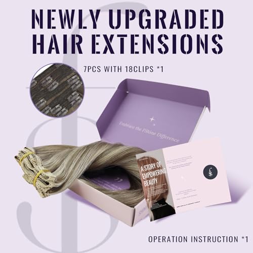 Fshine Hair Extensions Clip in Highlighted Light Brown Mixed with Platinum Blonde Clip in Hair Extensions Remy Human Hair 16 Inch Double Weft Clip in Real Hair Extensions 120g 7pcs