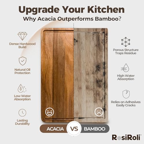 RosiRoli Acacia Wood Cutting Board for Kitchen, Set of 3 - Durable 1" Thick Chopping Boards with Juice Grooves & Handles f...