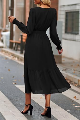 PRETTYGARDEN Women's Floral Boho Dress Fall Long Sleeve Wrap V Neck Ruffle Flowy Maxi Spring Wedding Guest Vacation Dresses