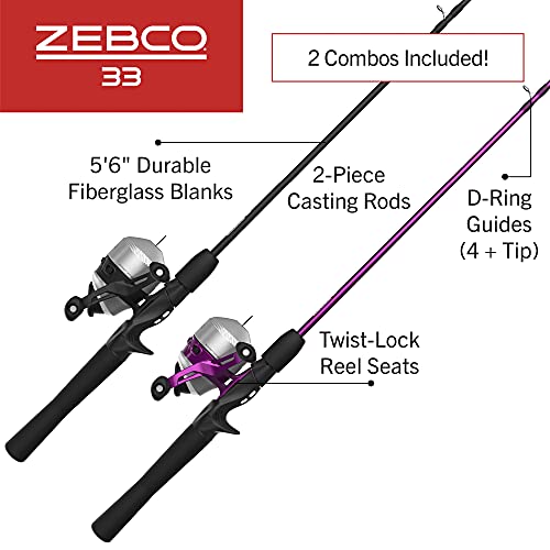 Zebco 33 Spincast Reel and 2-Piece Fishing Rod Combo, 5-Foot 6-Inch Durable Fiberglass Rod, Quickset Anti-Reverse Fishing ...