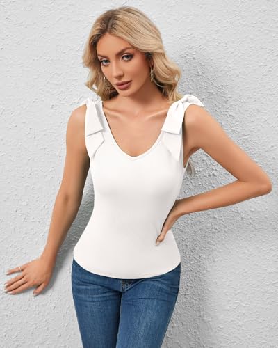 FireSwan Womens Summer Cute Tank Tops V Neck Bow Tie Shoulder Shirts Sleeveless Trendy Ribbed Knit Camisole